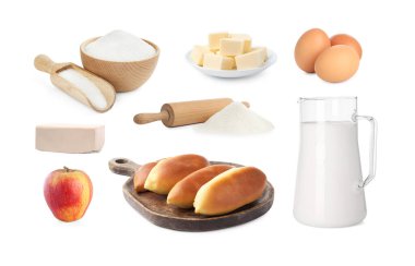 Pişmiş köfteler ve malzemeler beyaz ve sette izole edilmiş.