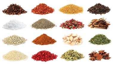 Beyaz arka planda farklı aromatik baharatlar, kolaj