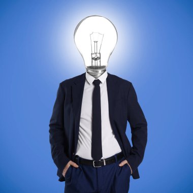 Mavi arka planda kafası yerine parlak ampullü bir adam.