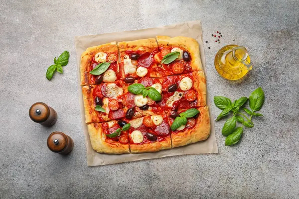 Gri arka planda ev yapımı lezzetli pizza ve baharatlar.