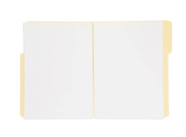 Kağıt dosya dizinini beyaz, üst görünümde izole edilmiş boş sayfalarla aç