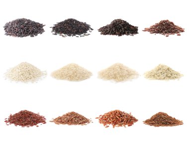 Kahverengi ve diğer pirinç türleri beyaz üzerine izole edilmiş, set