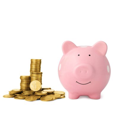 Pembe kumbara ve beyaz arka planda paralar