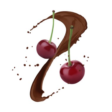 Beyaz arka planda çikolata sıçraması ve sulu kirazlar.