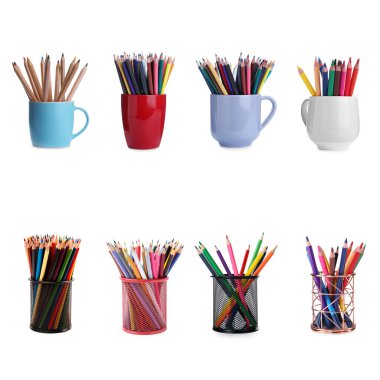 Farklı tutacaklardaki renkli kalemler beyaz, set üzerine izole edilmiş