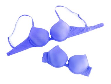 Güzel mavi sütyen beyaz kolajda izole edilmiş. Üst görünüm