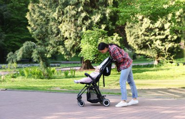 Anne bebeğiyle parkta bebek arabasında yürüyor. Metin için boşluk