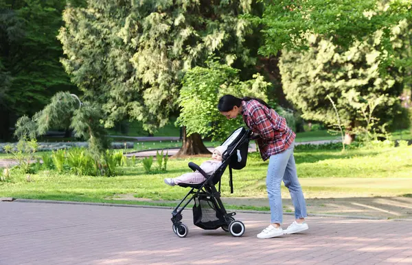 Anne bebeğiyle parkta bebek arabasında yürüyor. Metin için boşluk