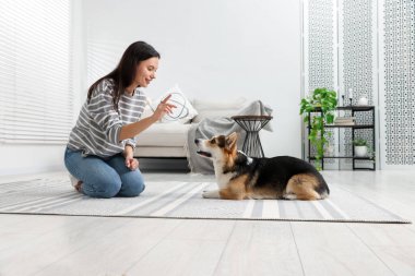 Mutlu kadın köpeğini evde eğitiyor.
