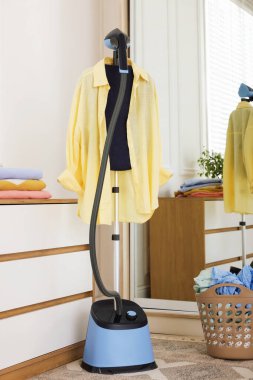 Modern dik vapur, temiz çamaşırları olan gömlek ve sepet.