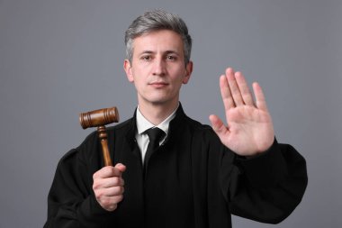 Elinde tokmak olan yargıç gri arkaplanda dur işareti yapıyor.