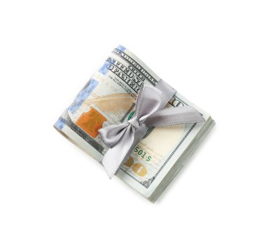 Para bonusu. Beyaz, üst görünümü yay izole dolar banknotları