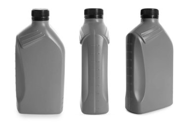 Beyaz arka planda plastik kutu, kolaj. Farklı taraflardan görünüm