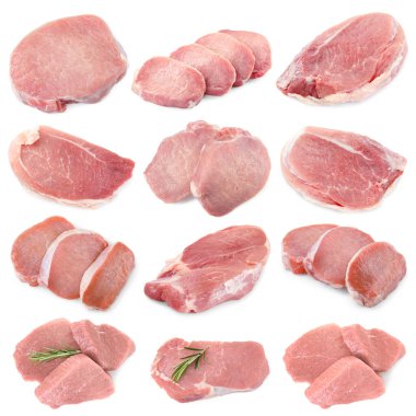 Beyaz arka planda taze çiğ domuz eti, kolaj.