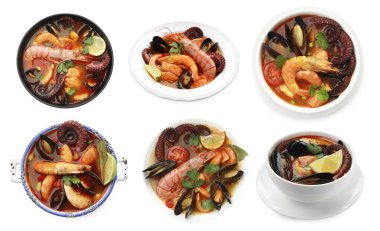 Beyaz kolajla izole edilmiş kâselerdeki lezzetli deniz ürünleri çorbası.