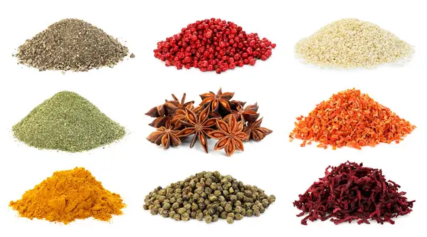 Beyaz arka planda farklı aromatik baharatlar, kolaj