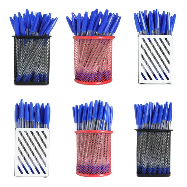 Farklı tutacaklardaki kalemler beyaz üzerine izole edilmiş.