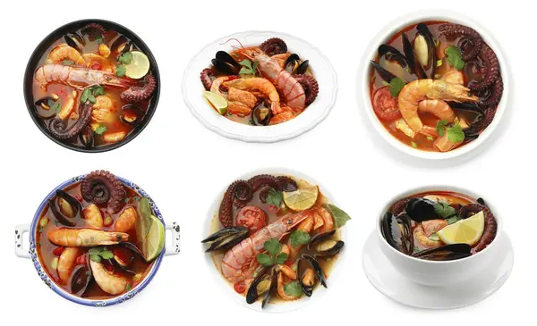 Beyaz kolajla izole edilmiş kâselerdeki lezzetli deniz ürünleri çorbası.