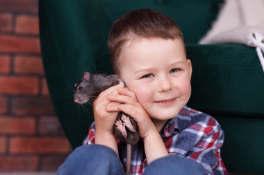 Evde evcil faresi olan küçük bir çocuk.