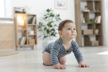 Evde yerde sürünen şirin bir bebek. Metin için boşluk