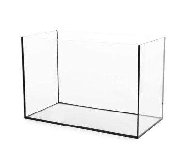 Beyazda izole edilmiş boş bir cam akvaryum.