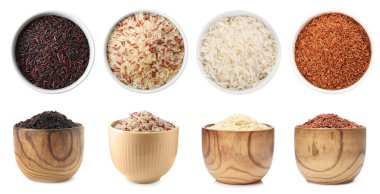 Kahverengi ve diğer pirinç türleri beyaz kolaja izole edilmiş. Üst ve yan görünüm