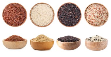 Kahverengi ve diğer pirinç türleri beyaz kolaja izole edilmiş. Üst ve yan görünüm