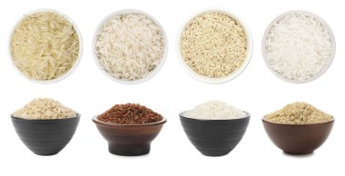 Kahverengi ve diğer pirinç türleri beyaz kolaja izole edilmiş. Üst ve yan görünüm