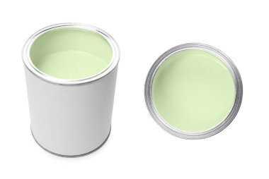 Pastel yeşili boya beyaz teneke üzerinde izole edilmiş. Üst ve yan görünüm