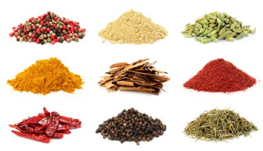 Beyaz arka planda farklı aromatik baharatlar, kolaj