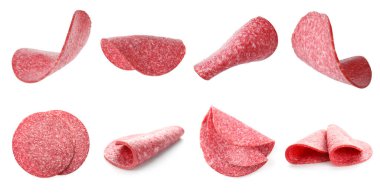 Beyaz arkaplanda salam dilimleri, kolaj