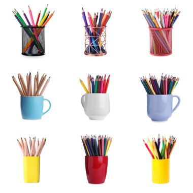 Farklı tutacaklardaki renkli kalemler beyaz, set üzerine izole edilmiş