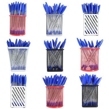 Farklı tutacaklardaki kalemler beyaz üzerine izole edilmiş.