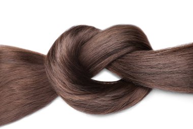 Beautiful strand of dark brown hair tied in knot on white background, top view