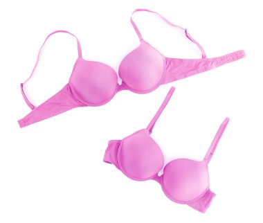 Güzel mor sütyen beyaza izole edilmiş, kolaj. Üst görünüm