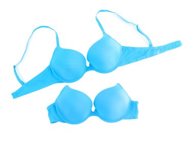 Güzel açık mavi sütyen beyaz kolajda izole edilmiş. Üst görünüm