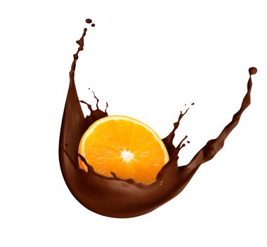 Beyaz arka planda sulu portakallı çikolata sıçraması.