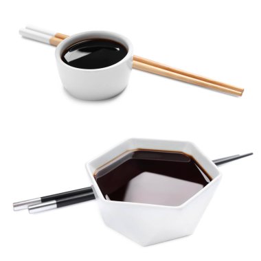 Soya sosu kaselerde ve yemek çubuklarında izole edilmiş beyaz kolaj.