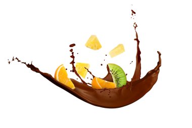 Beyaz arka planda sulu meyveli çikolata sıçraması