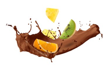 Beyaz arka planda sulu meyveli çikolata sıçraması