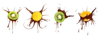 Çikolata serpintileri ve beyaz arka planda taze meyve, set