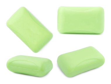 Beyaz arka planda açık yeşil sabun çubuğu, kolaj. Üst ve yan görünüm