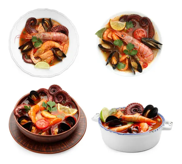 Beyaz kolajla izole edilmiş kâselerdeki lezzetli deniz ürünleri çorbası.