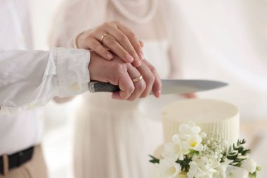 Evli çift içeride bıçakla lezzetli bir düğün pastası kesiyor.