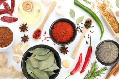 Beyaz arka planda farklı aromatik baharatlar, düz yatış