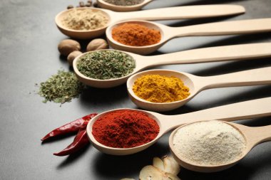 Gri masadaki kaşıklardaki farklı baharatlar, yakın plan.