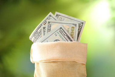 Bulanık yeşil arka planda dolar banknotları olan para çantası, yakın plan.