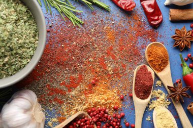 Mavi arka planda farklı aromatik baharatlar, düz yatış
