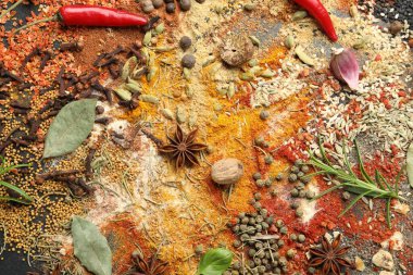 Arka plan, üstten görünüm olarak farklı Aromatik baharatlar