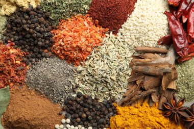 Arka plan olarak birçok farklı baharat, üst görünüm